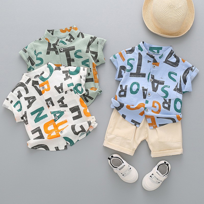 Bộ quần áo cho bé trai sơ mi cộc tay vải đũi mát in họa tiết chữ cái, họa tiết mát bay (1 - 4 tuổi)