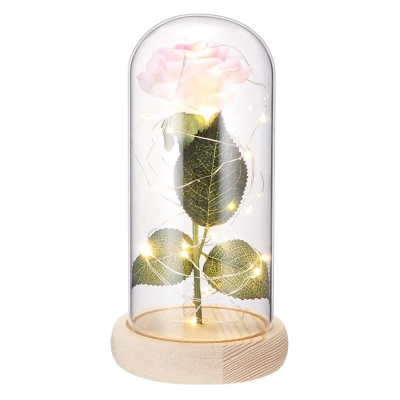 Galaxy Rose Flower Night Light in Glass Dome,Infinity Flowers for Office Home Women Mother's Valentine Day Gifts,Pink