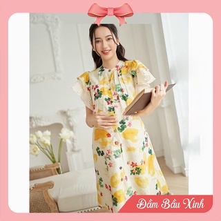 Đầm suông cổ tròn họa tiết hoa vàng tay cánh tiên Váy dáng dài đính cúc cao cấp PTA1073