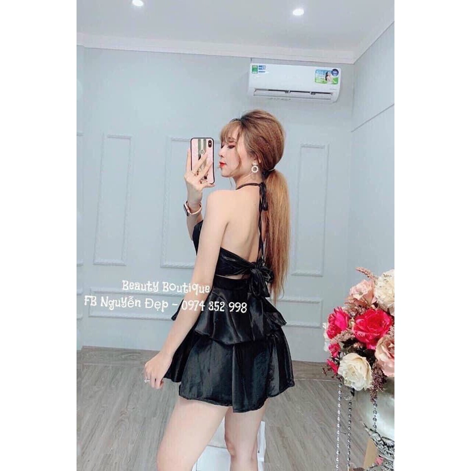 Đầm hai tâng yếm xòe trơn siêu xinh , chất phi lụa mềm mịn