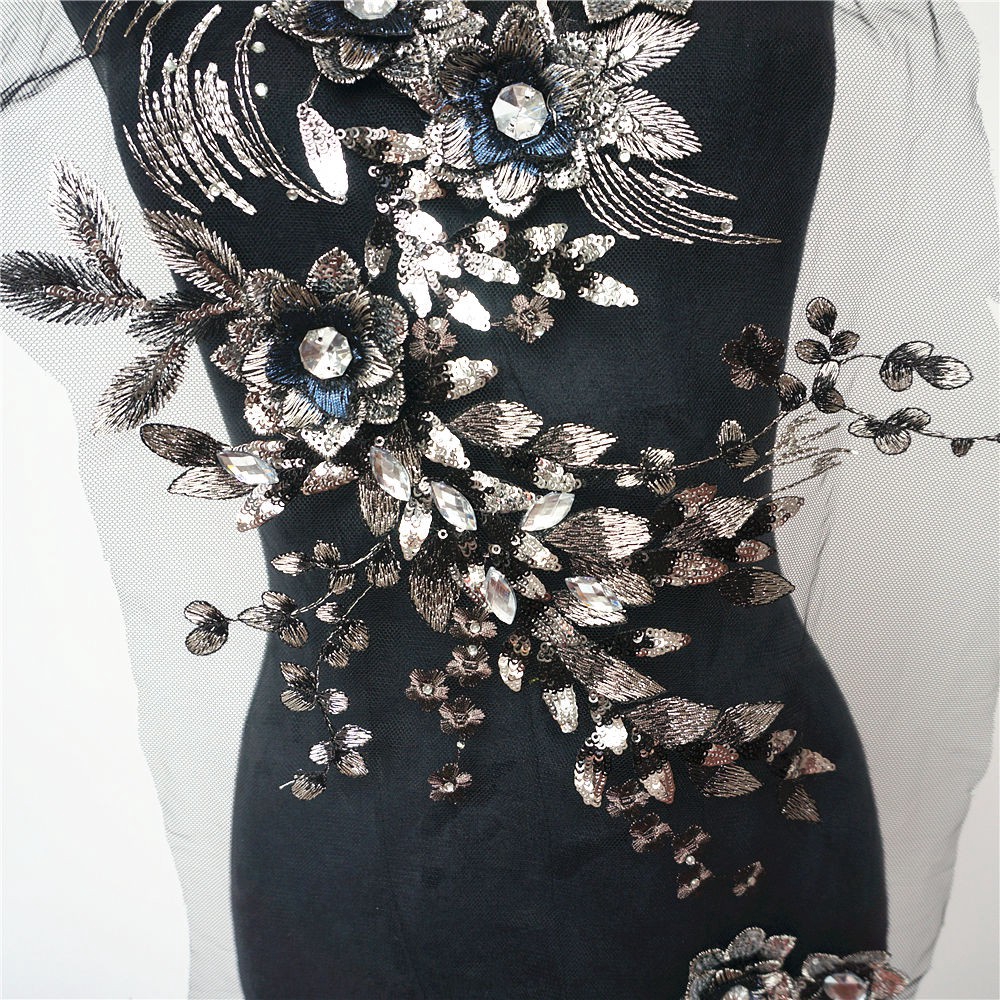 Vải Ren Thêu Hoa Màu Đen Đính Kim Sa Lấp Lánh Dùng May Váy Cưới diy