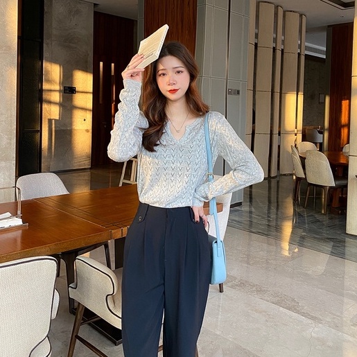 Áo dệt kim ZHELIHANGFEI tay dài cổ chữ V khoét sâu phong cách gợi cảm thời trang cho nữ