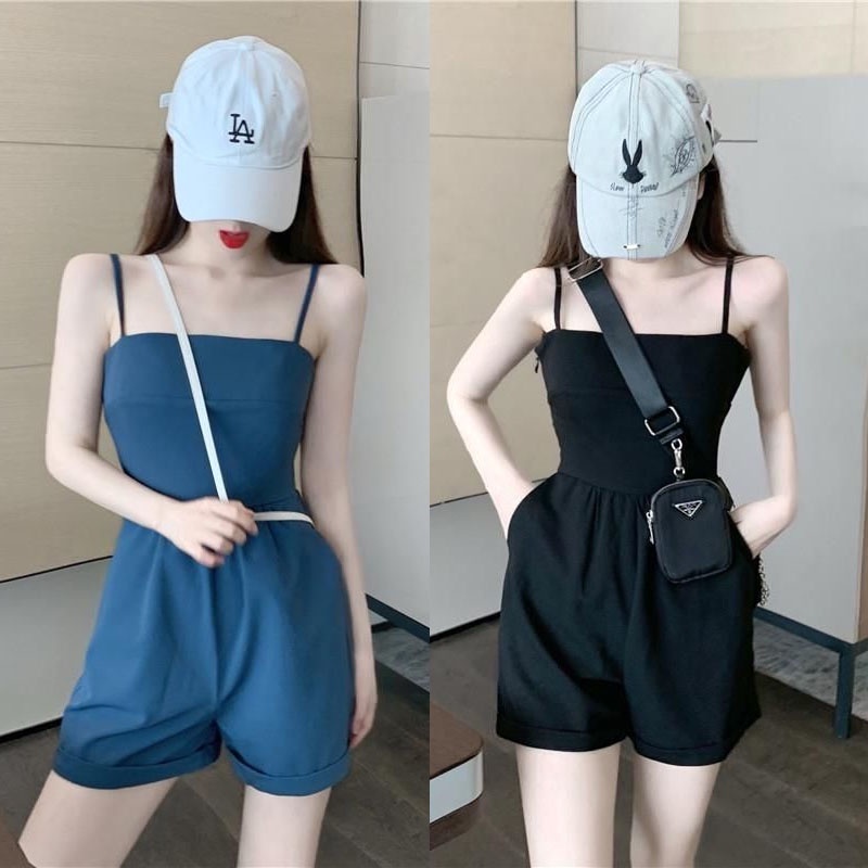 Bộ Áo Liền Quần Hai Dây Dáng Rộng Lưng Cao Ống Thẳng Gợi Cảm Cho Nữ