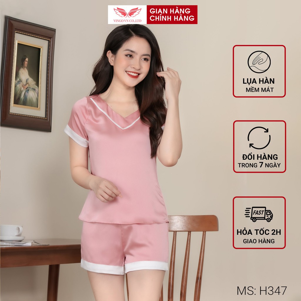 Bộ Đồ Nữ Pyjama Mặc Nhà VINGO Lụa Hàn Trơn Cao Cấp Tay Cộc Quần Cộc Cổ V Phối Viền Trắng Mùa Hè H347 VNGO - TCQC - Hàng