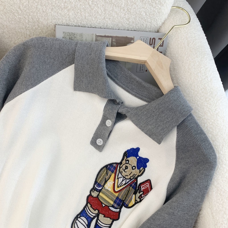 Áo sweater Cổ polo Thêu Hình Gấu Mới Phong Cách Mùa Thu Cho Nữ