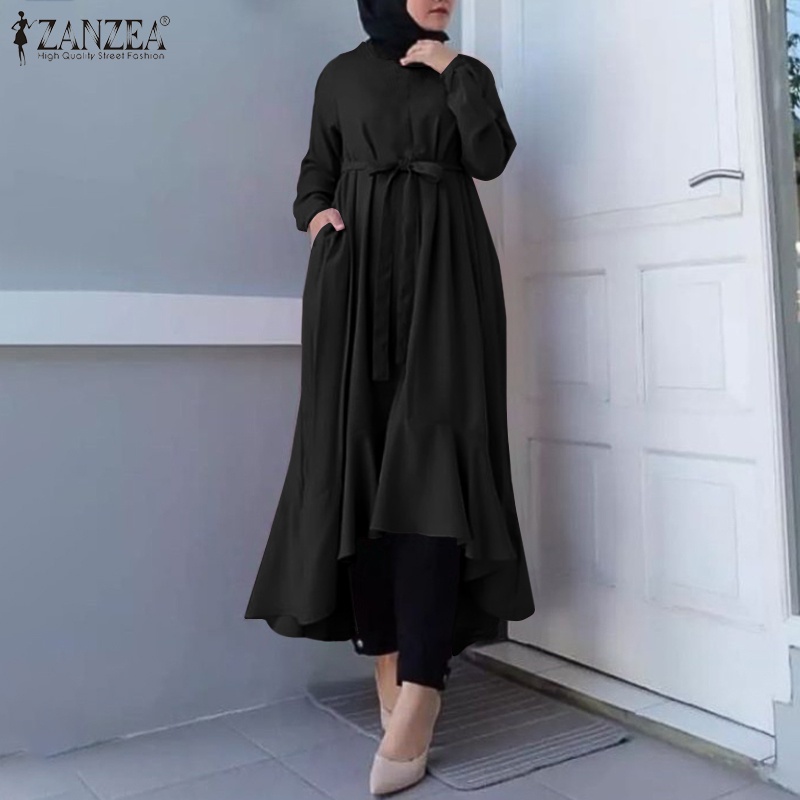 Đầm maxi ZANZEA tay dài cổ tròn màu trơn thời trang cho nữ