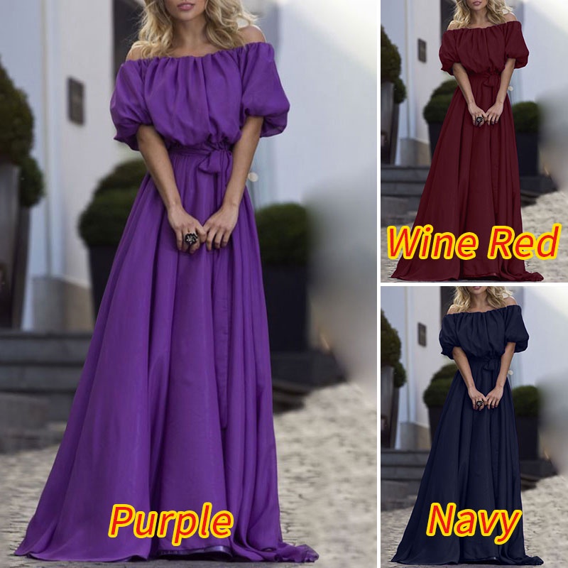 Đầm maxi Zanzea trễ vai tay phồng màu trơn kiểu dáng tinh tế dễ phối đồ dành cho nữ