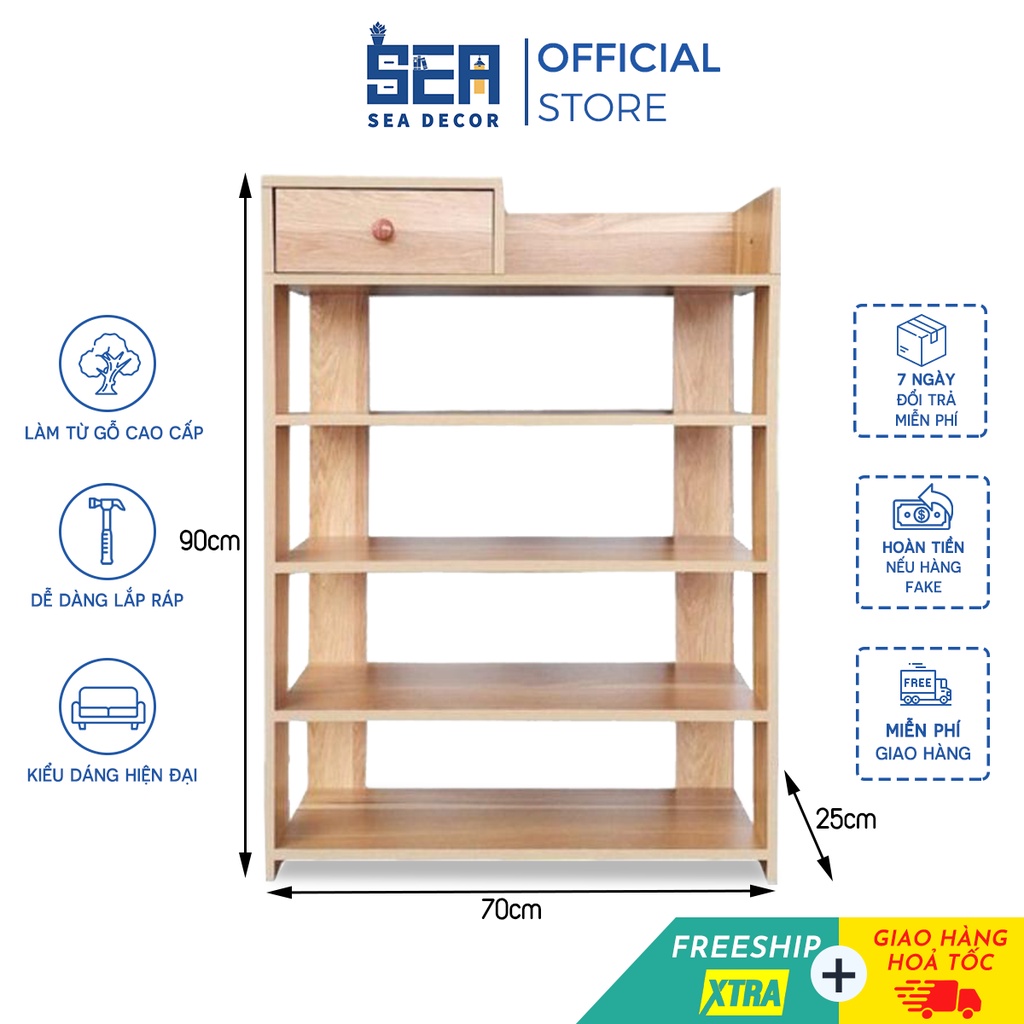 Giá để giày dép 5 tầng có ngăn kéo SEADECOR gỗ MDF siêu bền, đẹp mắt, chống mối mọt, tiện ích