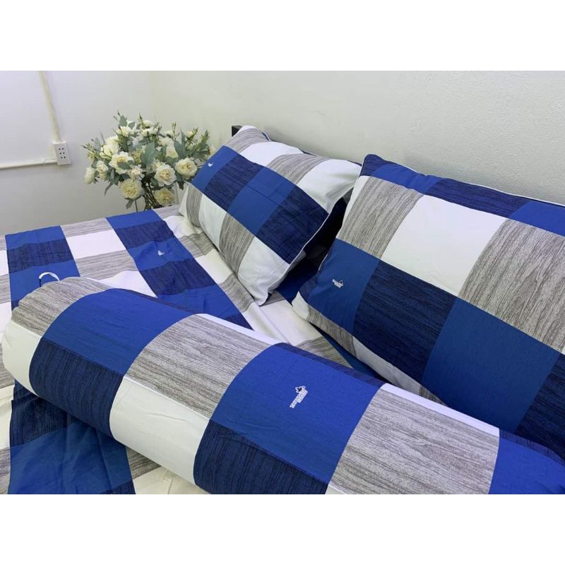 Drap cotton 100% Thắng lợi, ga giường chất vải dày dặn thoáng mát (4 món) chuẩn logo Ô XANH DƯƠNG
