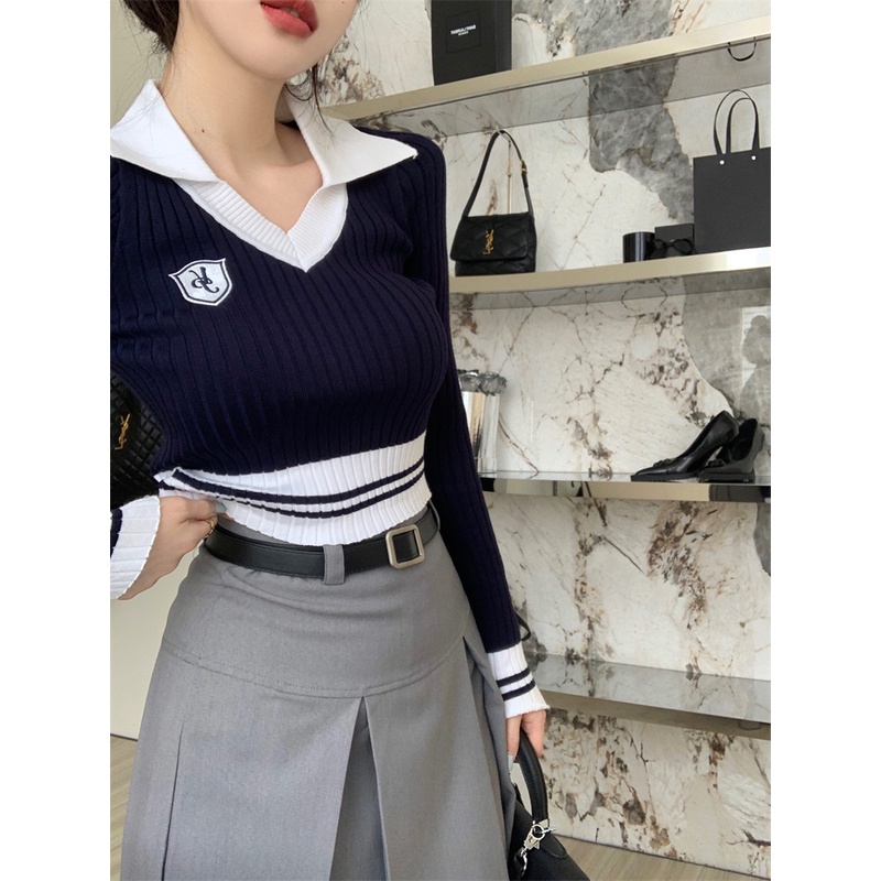 HUANG YOYO Áo sweater Dệt Kim Tay Dài Cổ Chữ v Thời Trang Mùa Thu Phong Cách Hàn Quốc Dành Cho Nữ croptop