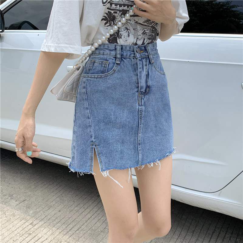 Chân Váy Jean Xẻ Gấu Dáng Chữ A Lưng Cao Cho Nữ