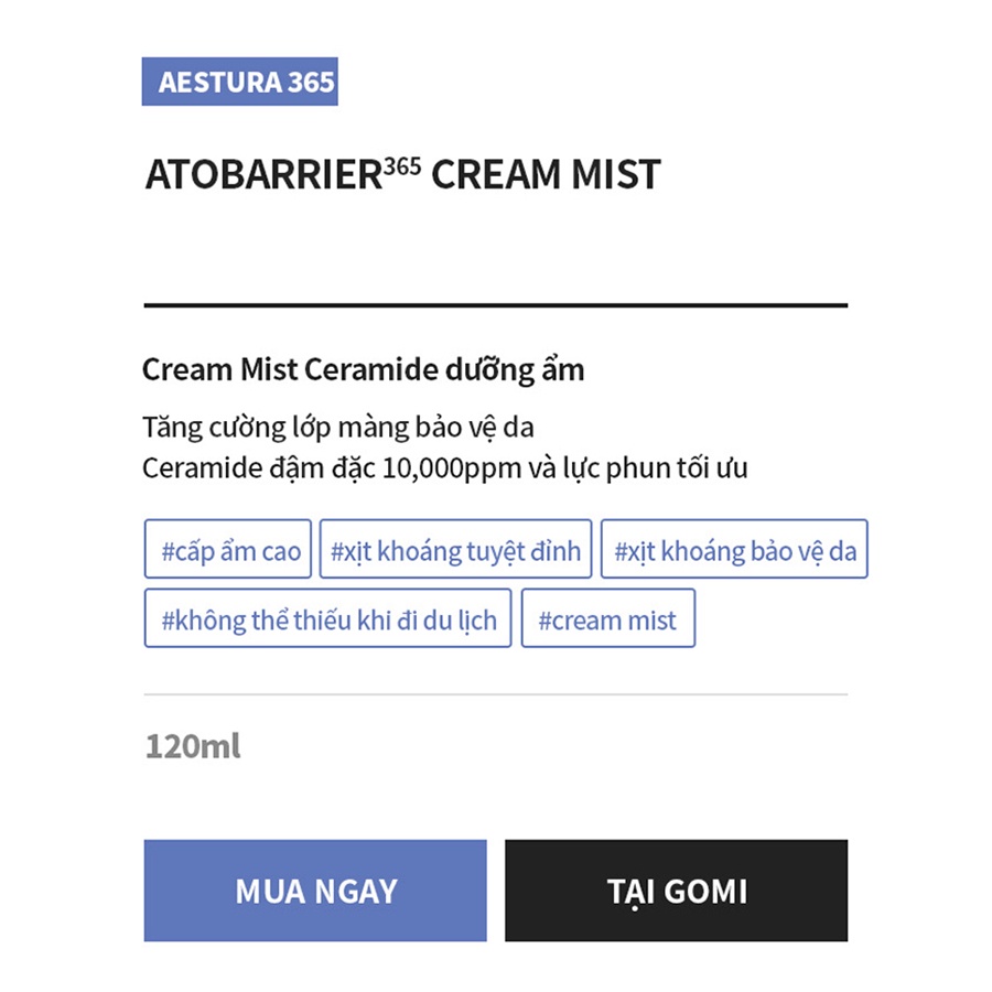 Xịt Khoáng Cấp Ẩm Dưỡng Da Aestura Atobarrier365 Cream Mist 120ml GomiMall