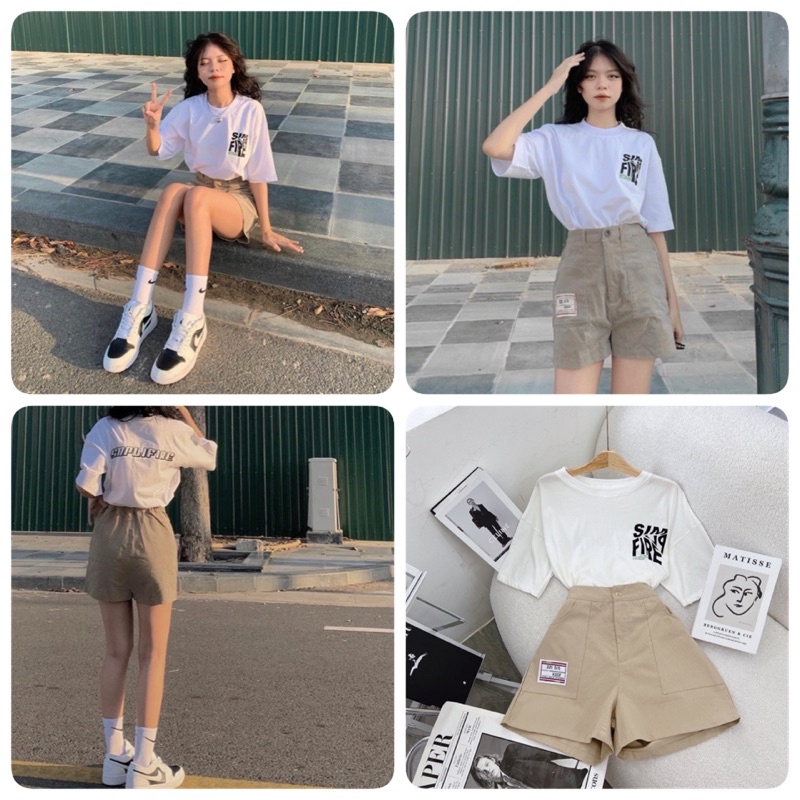 Set áo pull trắng + short nude