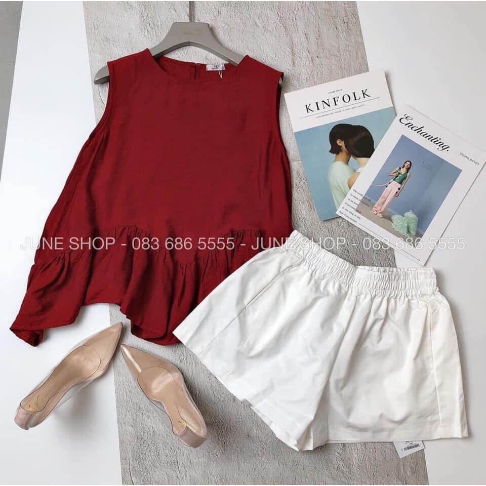 Set áo khoét nách đuôi bèo màu đỏ mix quần sooc chất đũi xước siêu mát