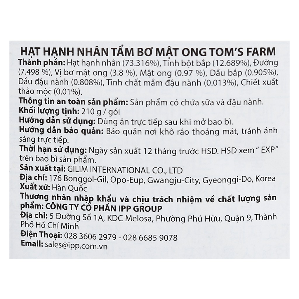 Hạnh nhân tẩm Mật Ong Tom's Farm - Gói 210g