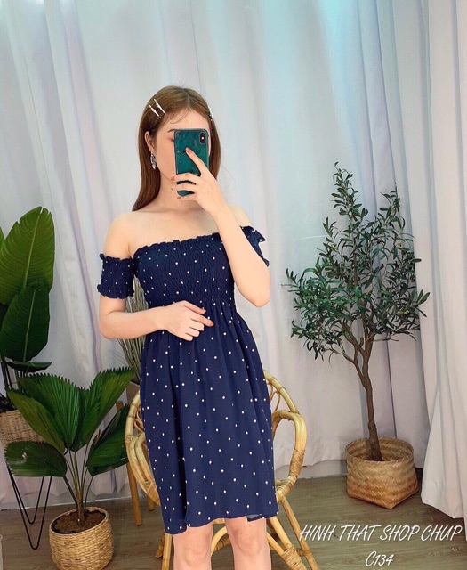 Đầm nhún chỉ bệt vai dáng xòe MH