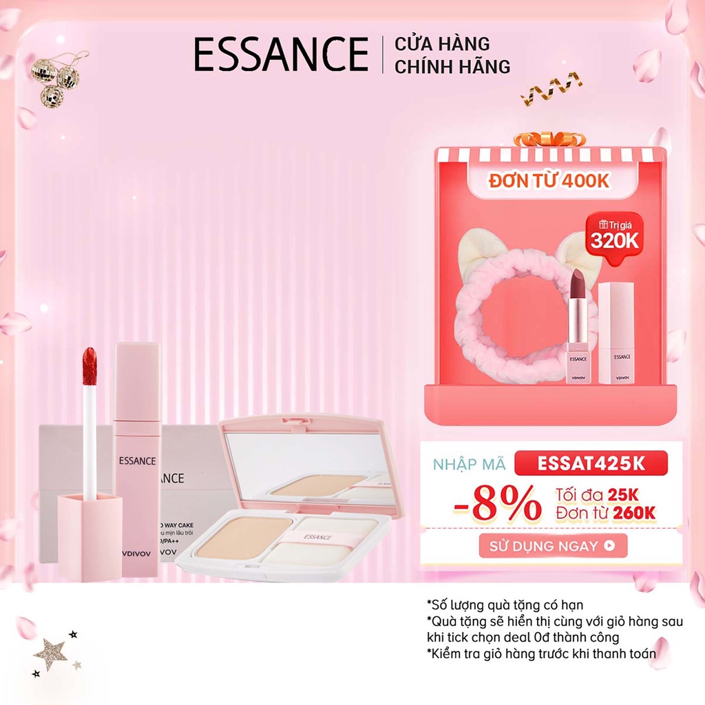 Combo Phấn nền siêu mịn lâu trôi Essance Veil Fit Two Way Cake SPF40/PA++ 7g và Son Kem Soft Lip Liquid 3g màu RD44