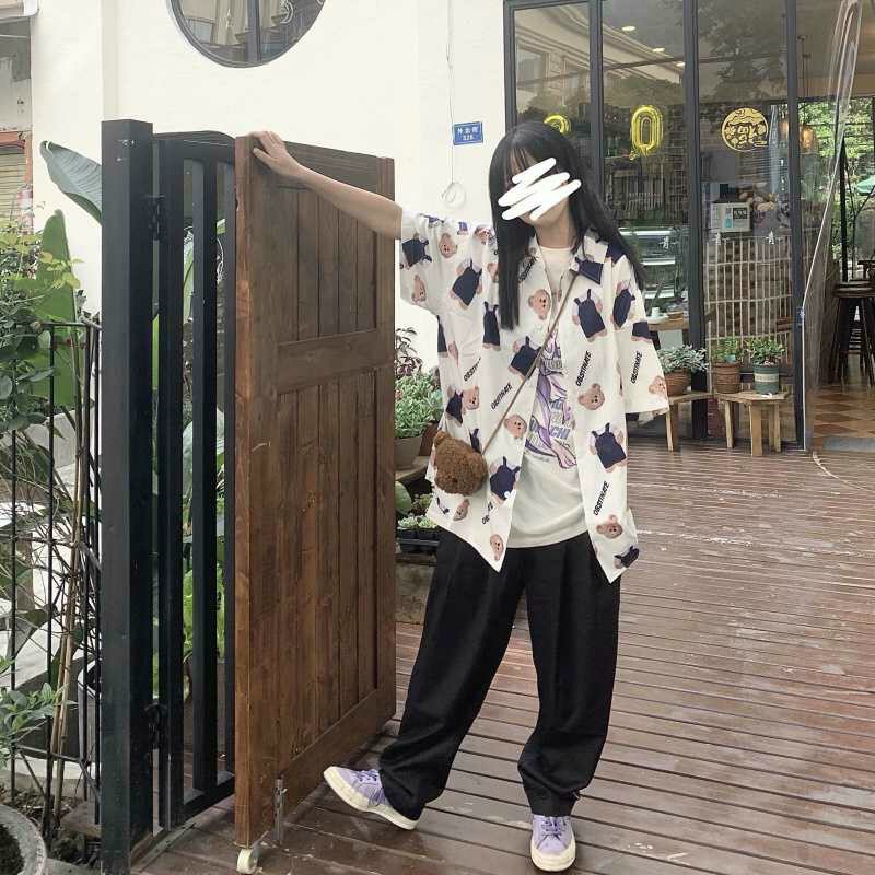 Áo Nữ sơmi form rộng hoạ tiết siêu dễ thương chất liệu voan lụa- Áo sơmi đồng phục mặc nhóm lớp áo đôi