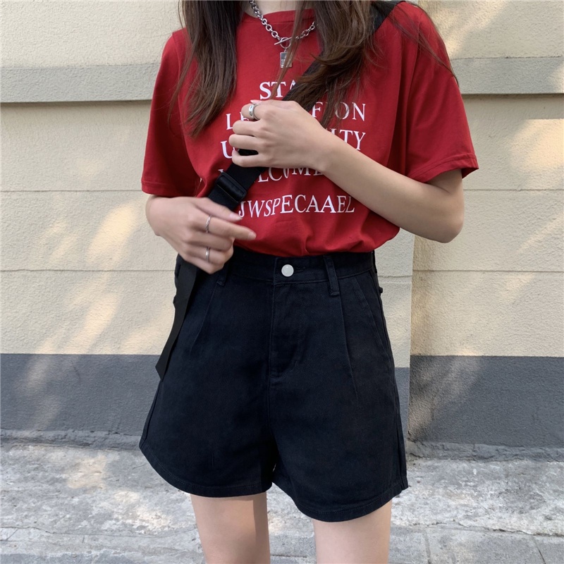 Korean version of high waist wide leg shorts loose and thin denim shorts