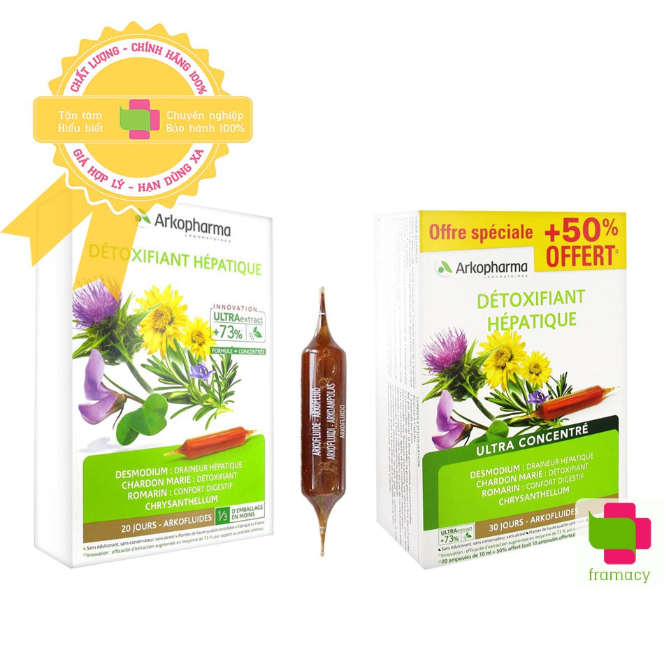 Nước uống hỗ trợ gan Arkopharma Detoxifiant Hepatique, Pháp (20/30 ống) thải độc gan cho người trên 15 tuổi