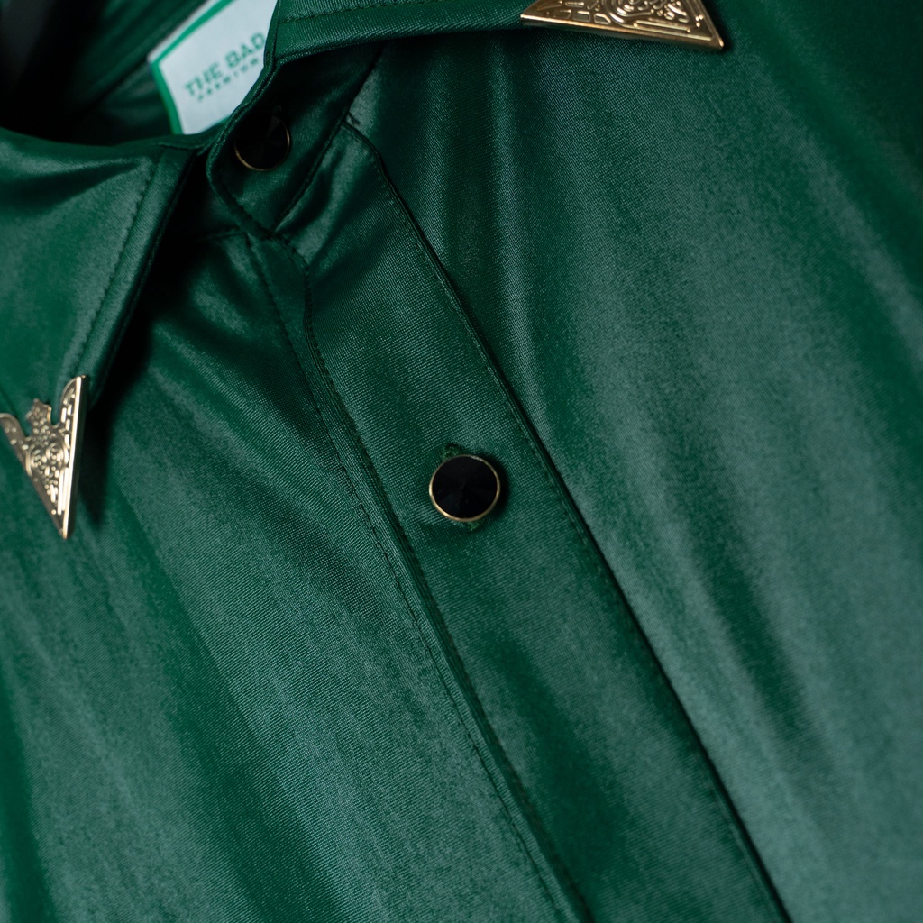 Áo sơ mi The Bad God Leather Teddy cuban shirt - Xanh cổ vịt