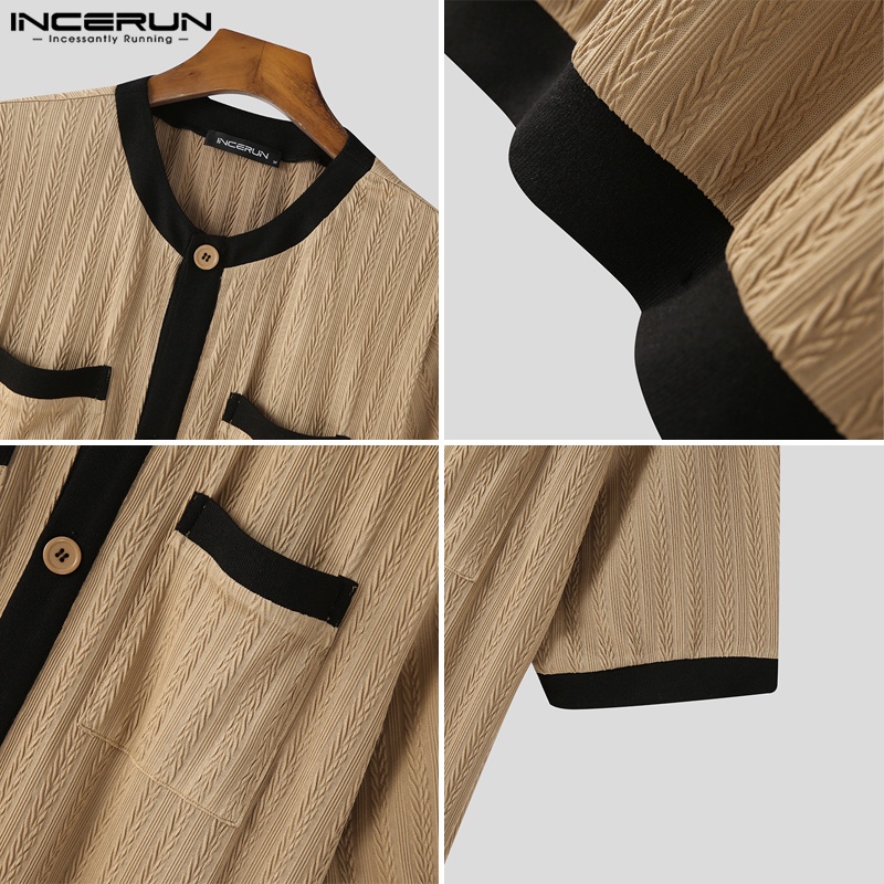 Áo sơ mi INCERUN tay ngắn cài khuy kiểu cổ điển cho nam