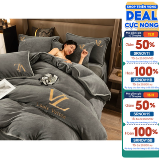 Bộ chăn ga gối nỉ LV cao cấp ấm ấp mềm mịn ,Bộ 4 món nỉ in thương hiệu LV nhập khẩu sang trọng SHOP CHIẾU CAO SU