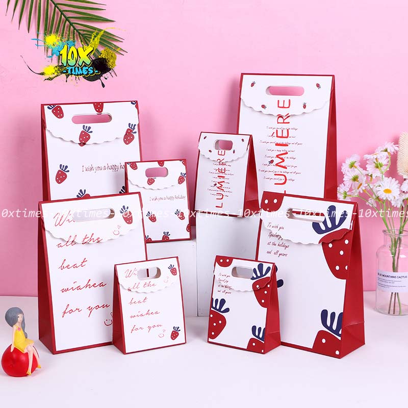 túi đựng quà tặng giấy họa tiết dâu tây dễ thương tặng sinh nhật, valentine, ngày lễ  tặng bạn gái bạn trai 10xtimes