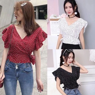 Áo tay ngắn cổ chữ V hoạ tiết chấm bi thiết kế thanh lịch cho phái nữ