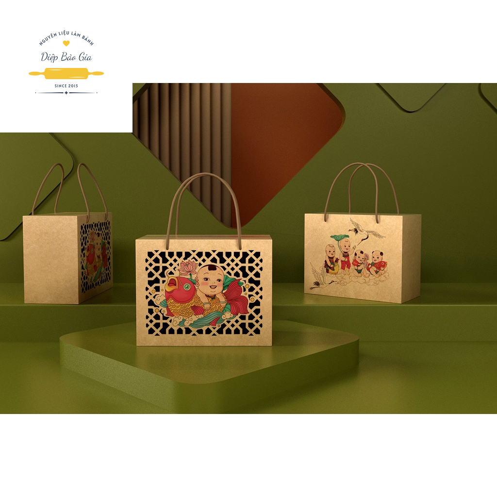Hộp tết giấy Kraft có quai xách Đông hồ