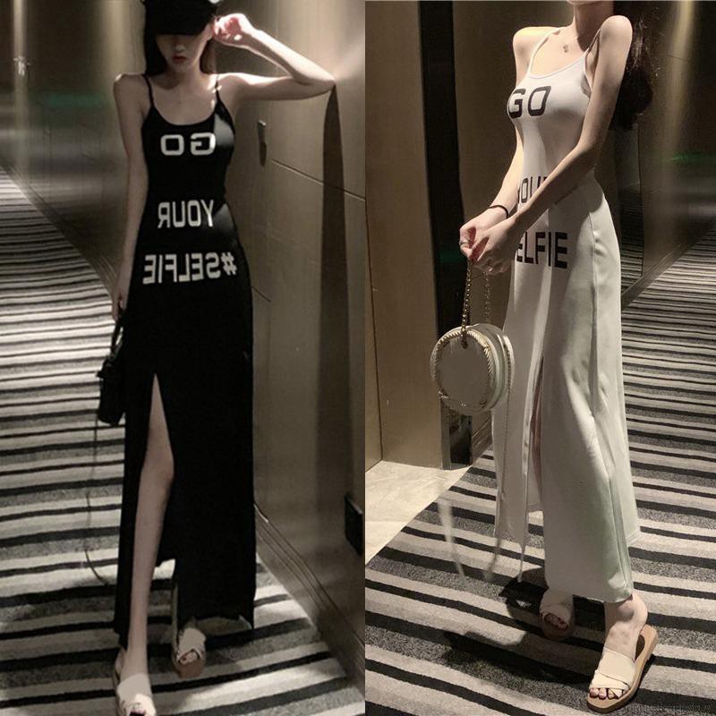 Đầm hai dây dáng dài in chữ xẻ tà cao quyến rũ cho nữ | BigBuy360 - bigbuy360.vn