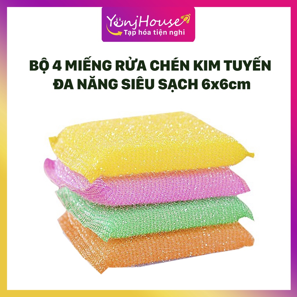 BỘ 4 MIẾNG RỬA CHÉN KIM TUYẾN ĐA NĂNG SIÊU SẠCH 6x6cm- GIAO MÀU NGẪU NHIÊN - YENJHOUSE