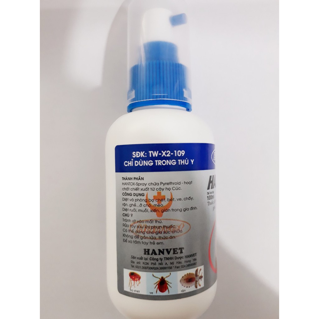 HANVET HANTOX SPRAY 100ml CHAI XỊT VE, RẬN, BỌ CHÉT TRÊN CHÓ MÈO