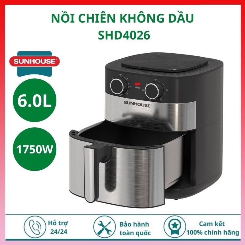 Nồi chiên không dầu SUNHOUSE SHD4026 6L - Công suất 1750W-  Hàng Chính Hãng- Bảo Hành 12T