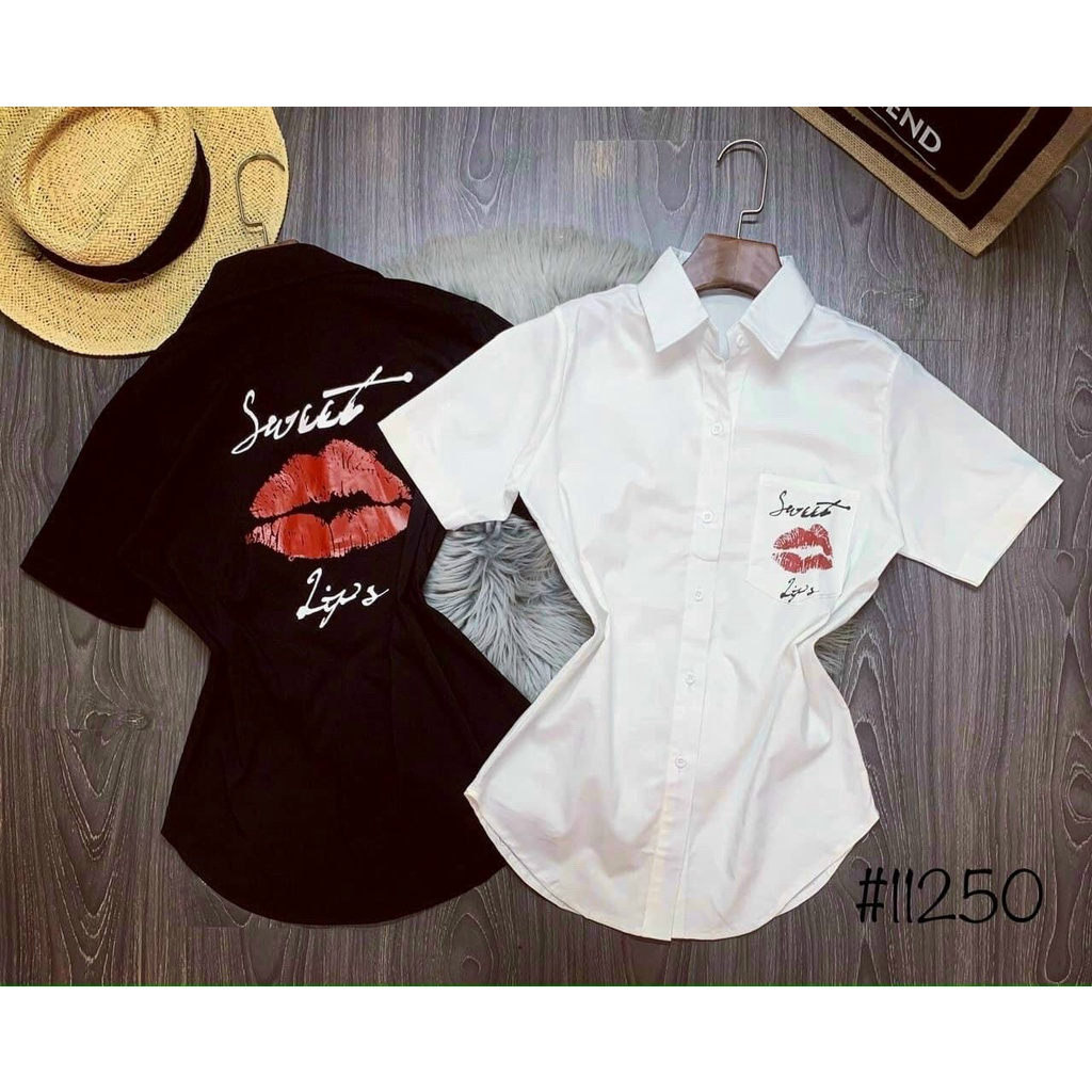 Áo sơ mi tay ngắn in hình môi chữ cực hot hit , chất kate mềm mịn mát NG alohashop91