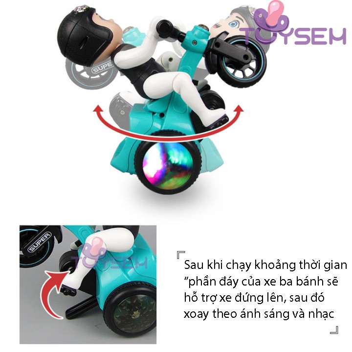 Xe đồ chơi trẻ em bé đi xe đạp xoay 360 độ Toysem có nhạc và đèn sáng 3 màu - Quà tặng sinh nhật, thôi nôi cho bé