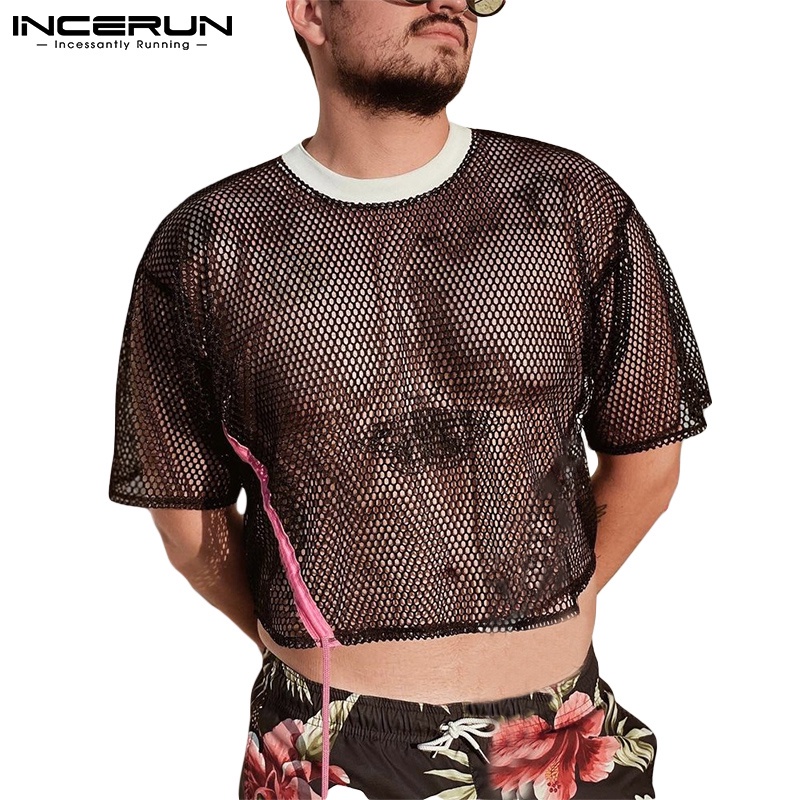 Áo INCERUN ngắn tay xuyên thấu màu đen phối dây rút thời trang cho nam