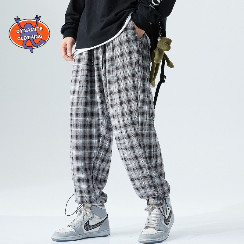 Quần ống rộng họa tiết sọc caro plus size phong cách Nhật Bản cho nam size L-8XL