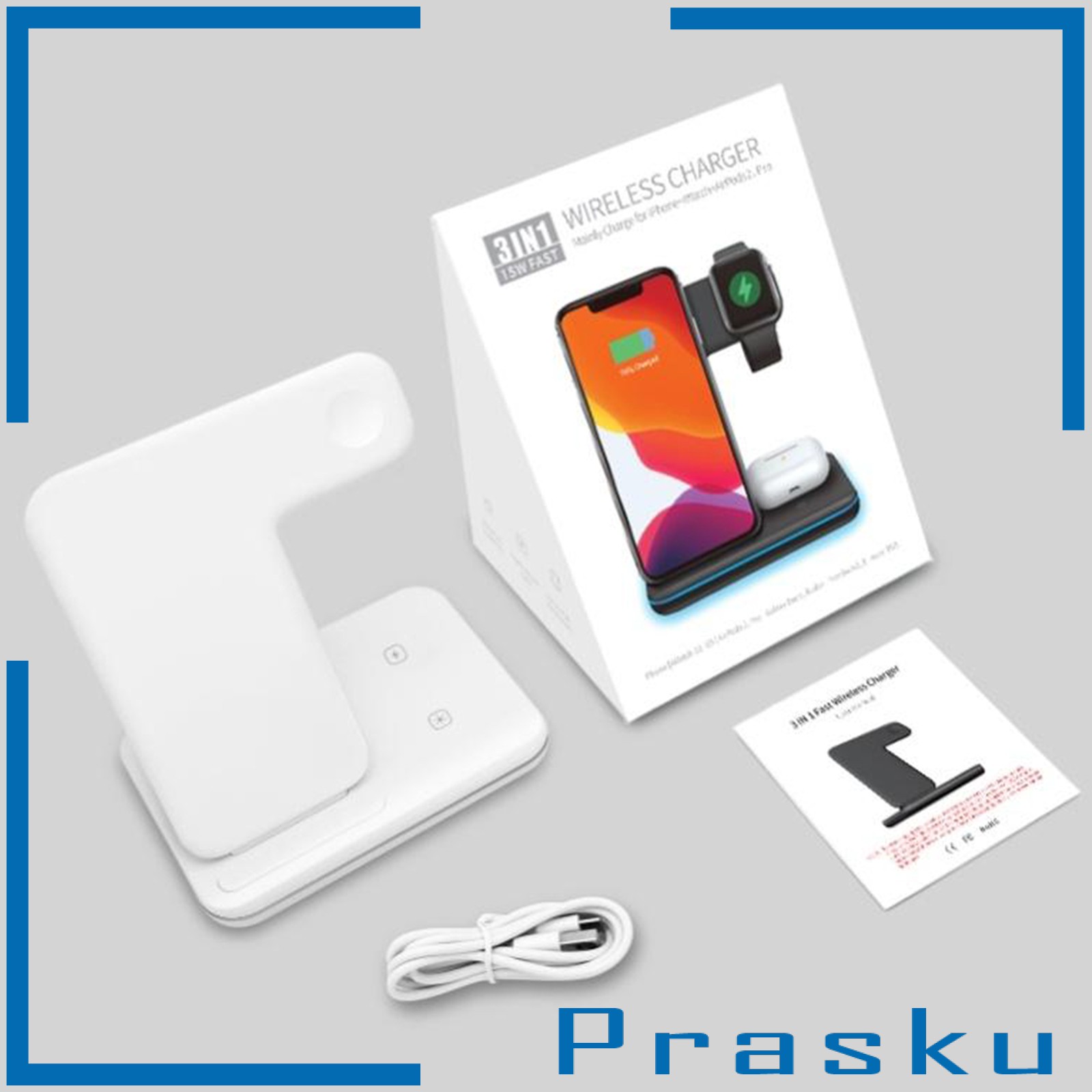 [PRASKU] Wireless Charger Stand, 15W Fast Wireless Charge Station 3 in 1 Charging for Apple Watch, for Airpods, for iPhone 11/11pro/X/XS/XR/Xs Max/8/8 Plus