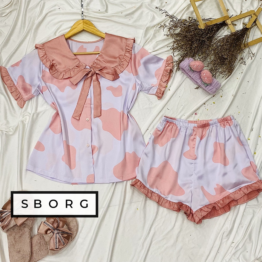 Đồ bộ mặc nhà SBORG bộ ngủ lụa latin cao cấp cổ bèo nơ quần đùi bò sữa trendy cute freesize dưới 55kg quà tặng vợ