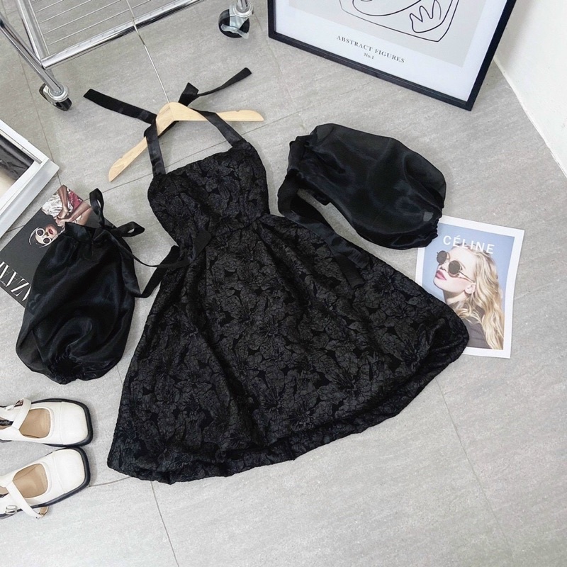 ĐẦM GẤM HOA NỔI CỔ YẾM PHỐI TAY VOAN RỚT NƠ LƯNG