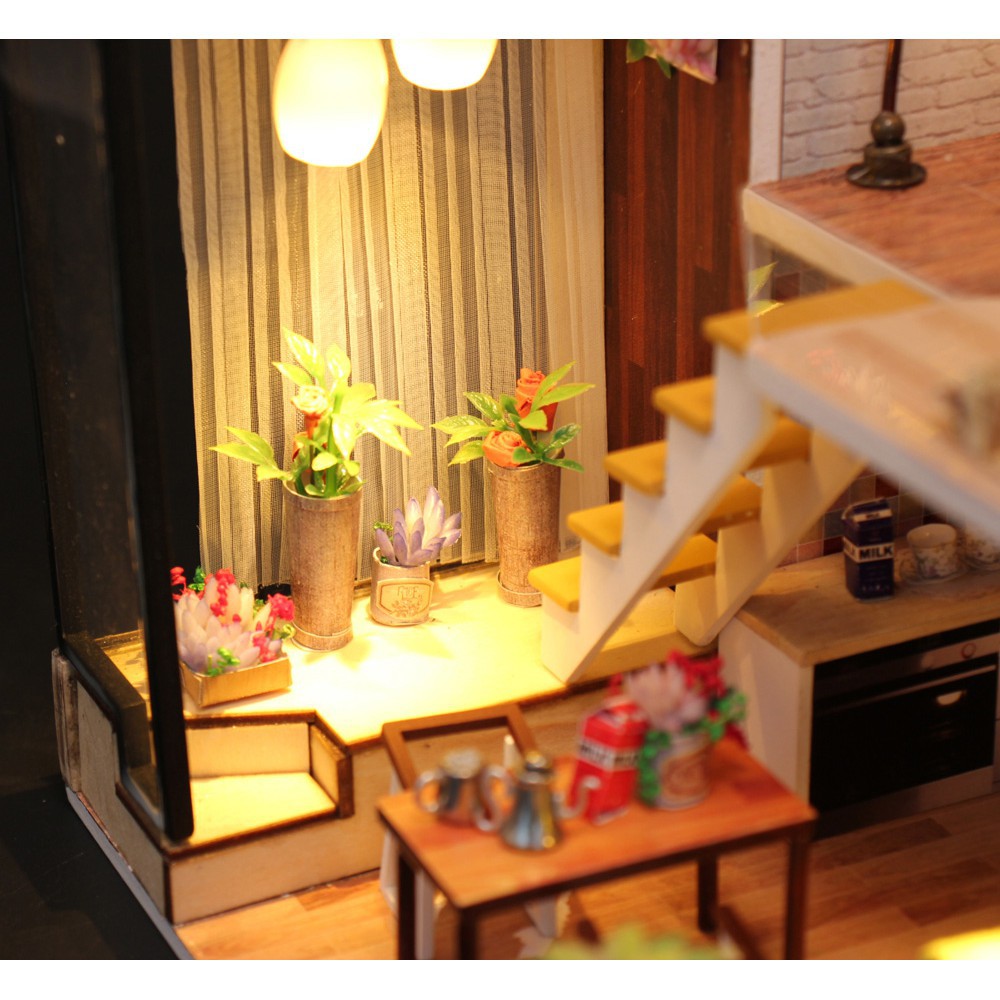 Nhà búp bê Tự làm bằng gỗ  [Nhà Mô Hình có nội thất  ROMANTIC EUROPE+ đèn LED] Có remote điều khiển từ xa