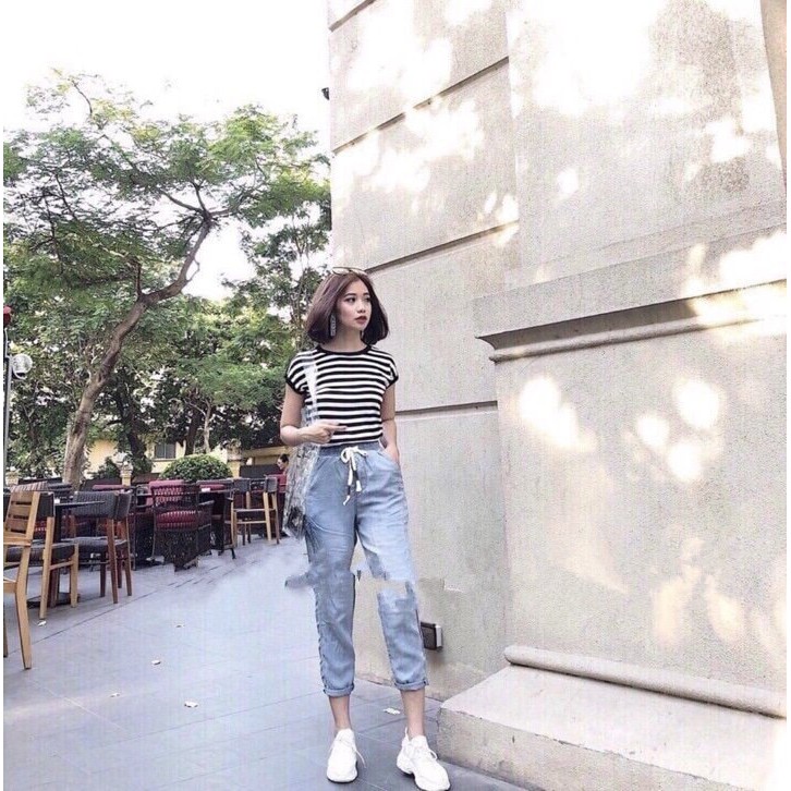 HÀNG NHẬP - SET ÁO THUN SỌC + QUẦN JEANS BAGGY LƯNG THUN