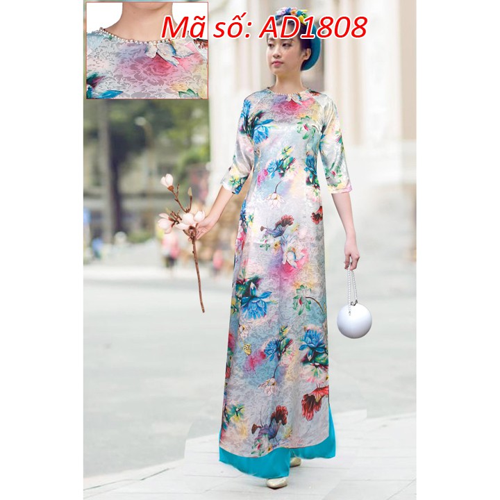 ⚡️ có big size 5XL ⚡️ AD1808 Set áo dài truyền thống gấm in 3D họa tiết hoa cổ tròn đính hạt kèm quần ống rộng