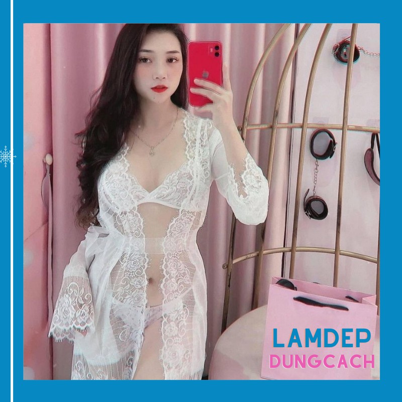 Set ngủ ren sexy áo choàng ngủ ren xuyên thấu kèm chip lọt khe và áo ngực ren | BigBuy360 - bigbuy360.vn