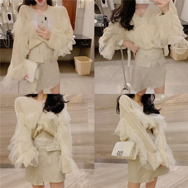 Áo Sweater Dệt Kim Dáng Ngắn Phối Ren Thời Trang Thu Đông Hong Kong Mới Cho Nữ | BigBuy360 - bigbuy360.vn