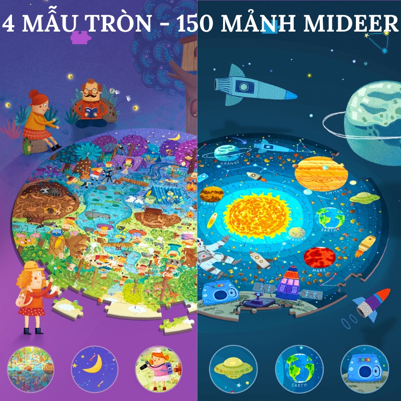 Bộ xếp hình 150 mảnh hộp tròn Mideer 3 chủ đề: wandering through the space- a day in forest - animals around the world