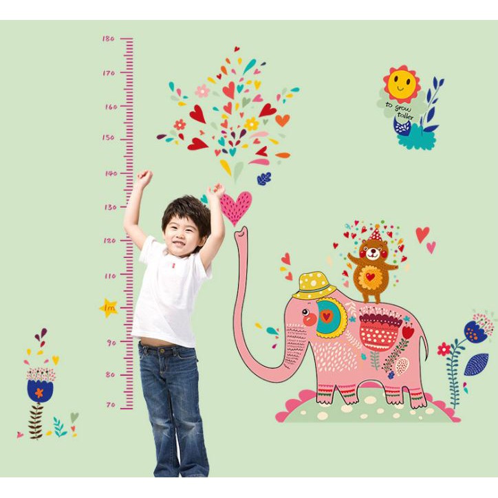 Decal dán tường thước đo chiều cao voi phun tim