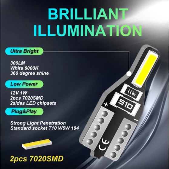 1 bóng Led T10 2smd chíp 7020 demi, xi nhan, báo số, soi biển nhỏ gọn sáng trắng