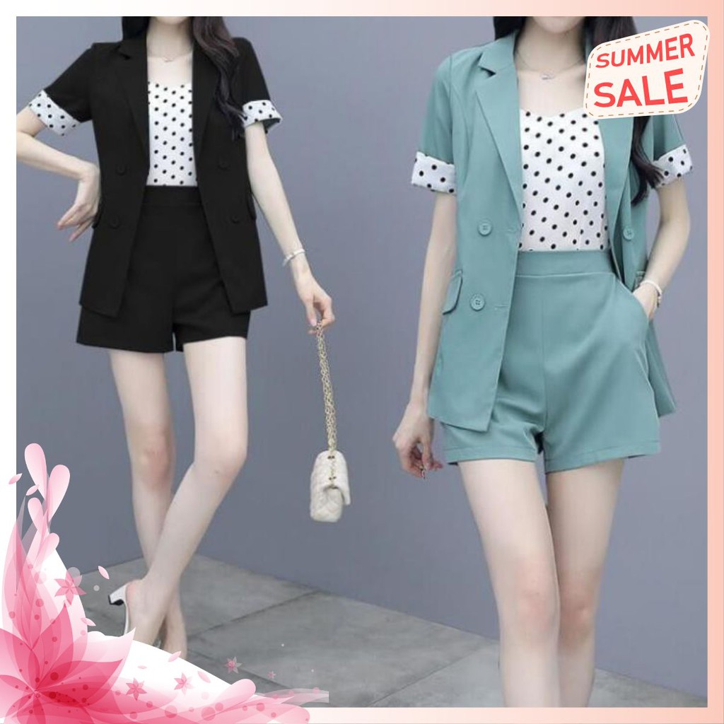 Bộ Vest Short 3 Món Phối Bi Cao Cấp - Set Vest Đùi Cotton Kèm Áo Lụa Chấm Bi Sang Trọng Cho Nàng Năng Động Sang Trọng